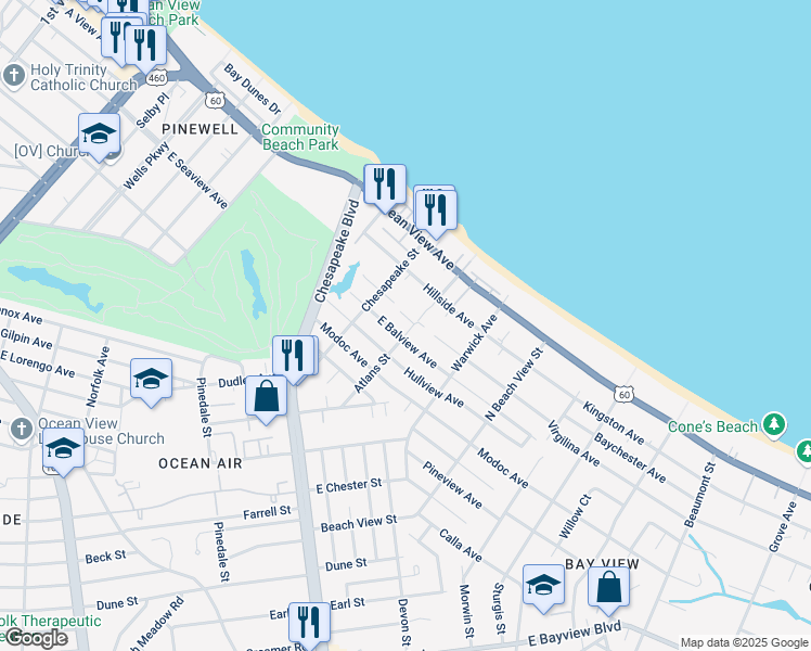 map of restaurants, bars, coffee shops, grocery stores, and more near 9603 Atlans Street in Norfolk