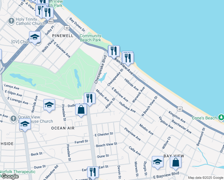 map of restaurants, bars, coffee shops, grocery stores, and more near 1012 East Balview Avenue in Norfolk