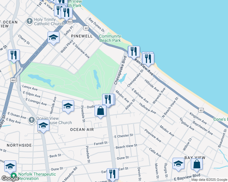 map of restaurants, bars, coffee shops, grocery stores, and more near 918 Modoc Avenue in Norfolk