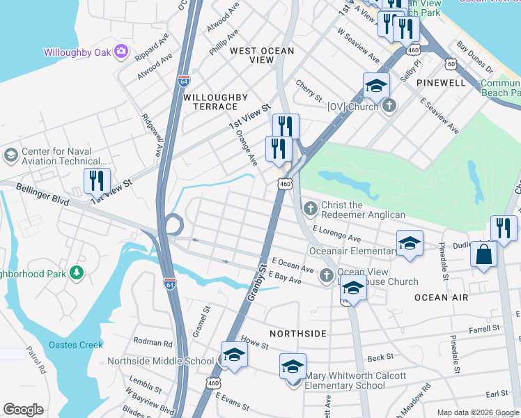 map of restaurants, bars, coffee shops, grocery stores, and more near 111 West Gilpin Avenue in Norfolk