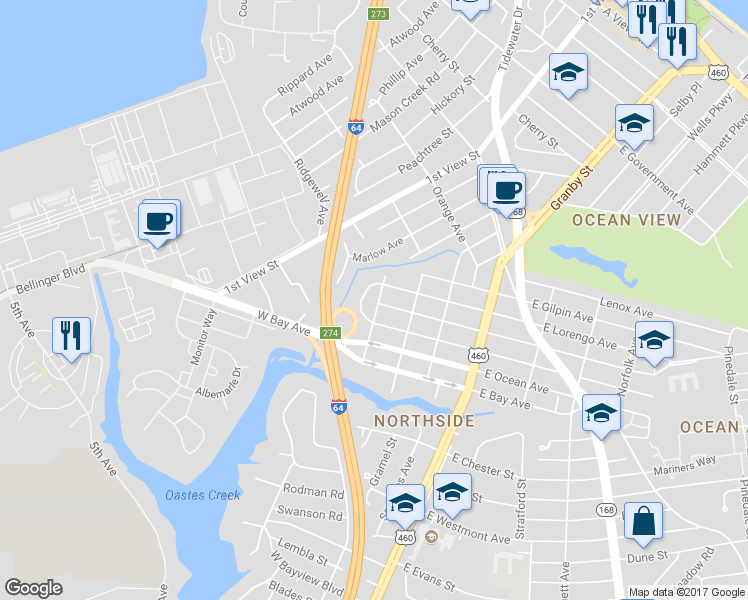 map of restaurants, bars, coffee shops, grocery stores, and more near 9112 Mace Arch in Norfolk