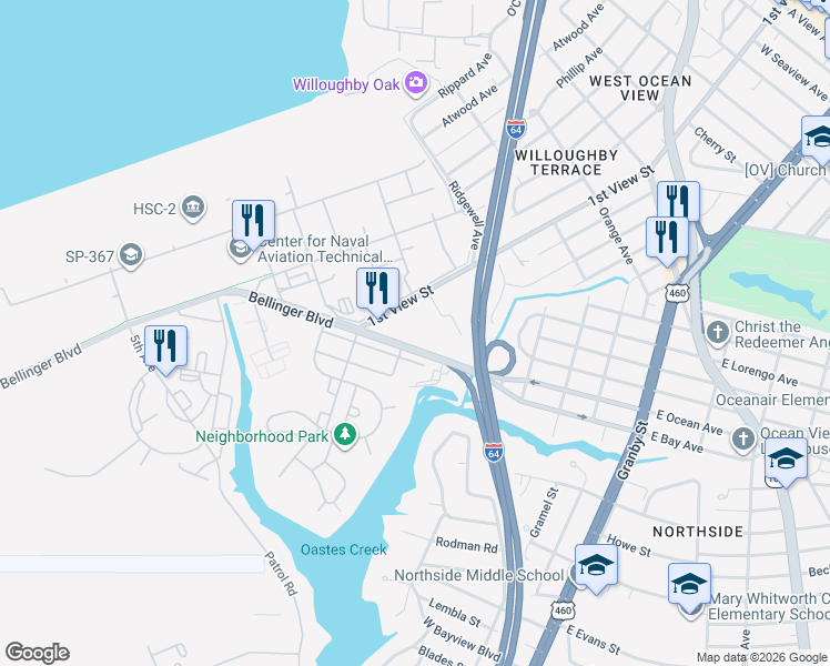 map of restaurants, bars, coffee shops, grocery stores, and more near 9052 1st View Street in Norfolk