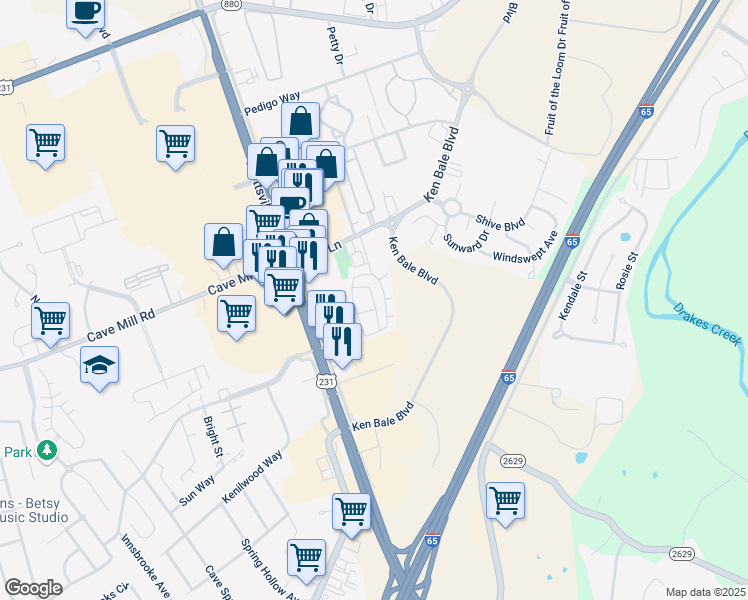 map of restaurants, bars, coffee shops, grocery stores, and more near 1040 Shive Lane in Bowling Green