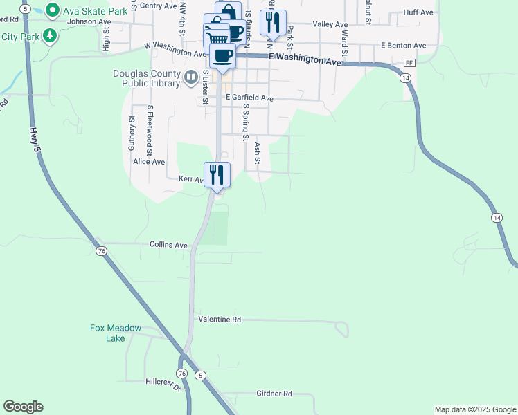 map of restaurants, bars, coffee shops, grocery stores, and more near 9639 Ash Street in Ava