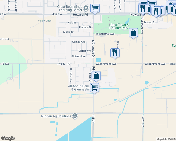 map of restaurants, bars, coffee shops, grocery stores, and more near 2657 Peanut Drive in Madera