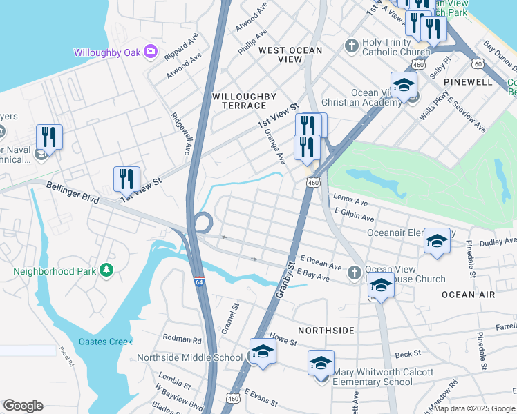 map of restaurants, bars, coffee shops, grocery stores, and more near 157 West Lorengo Avenue in Norfolk