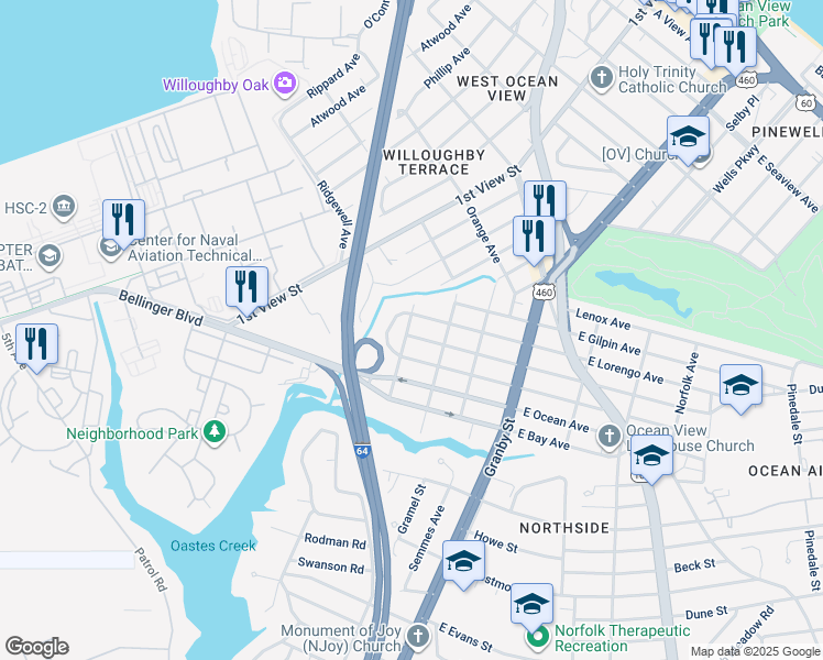 map of restaurants, bars, coffee shops, grocery stores, and more near 194 West Randall Avenue in Norfolk