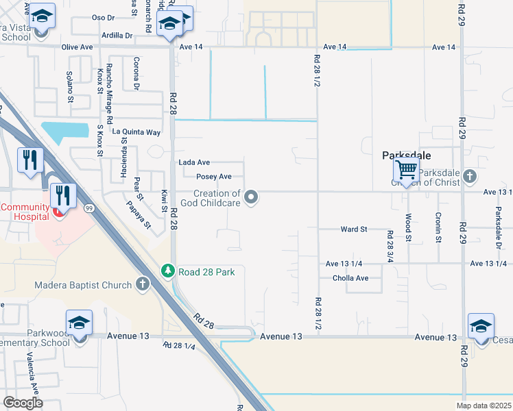 map of restaurants, bars, coffee shops, grocery stores, and more near 28312 Avenue 13 1/2 in Madera