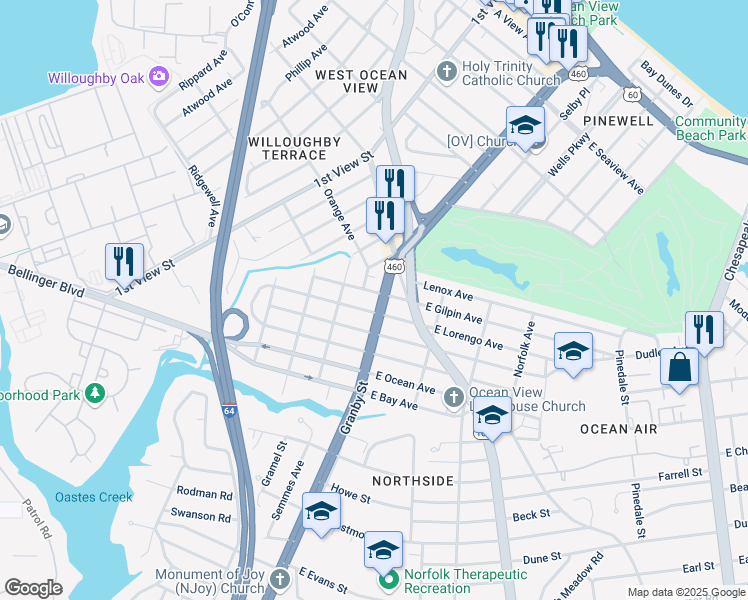 map of restaurants, bars, coffee shops, grocery stores, and more near 111 West Gilpin Avenue in Norfolk