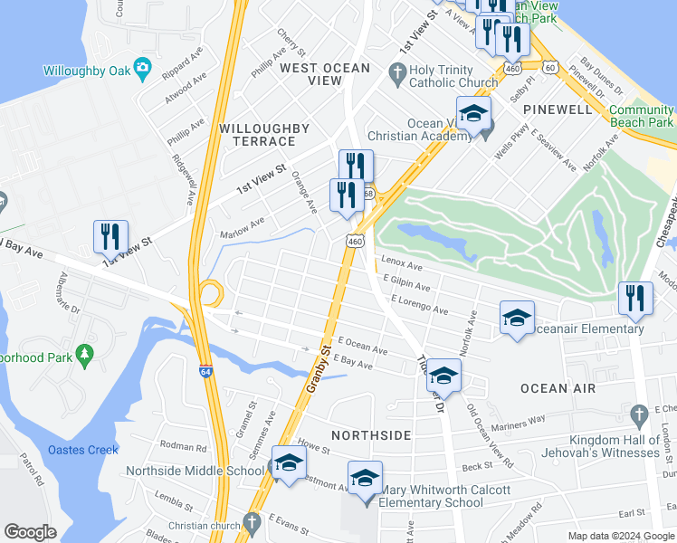 map of restaurants, bars, coffee shops, grocery stores, and more near 9209 Granby Street in Norfolk