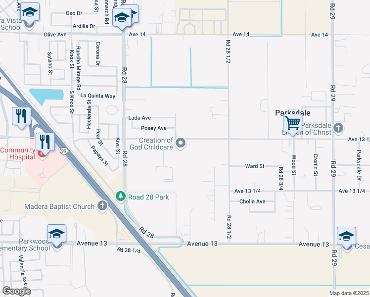 map of restaurants, bars, coffee shops, grocery stores, and more near 28312 Avenue 13 1/2 in Madera