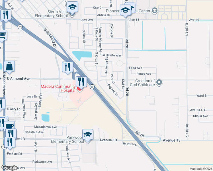 map of restaurants, bars, coffee shops, grocery stores, and more near 817 Papaya Street in Madera