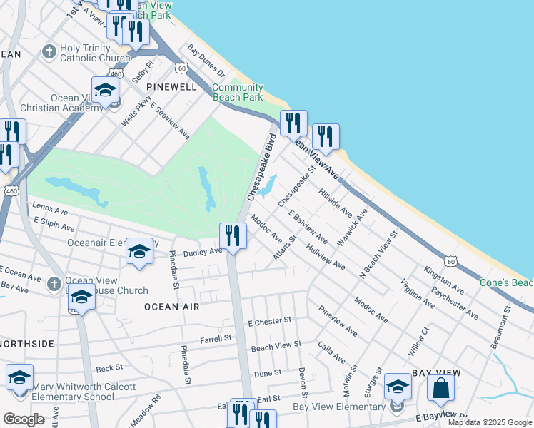 map of restaurants, bars, coffee shops, grocery stores, and more near 938 Hullview Avenue in Norfolk