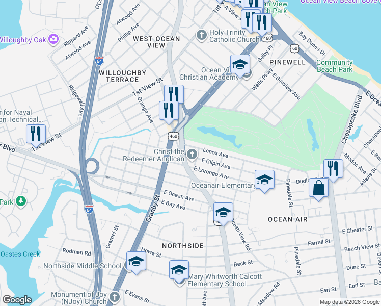 map of restaurants, bars, coffee shops, grocery stores, and more near 151 Lenox Avenue in Norfolk