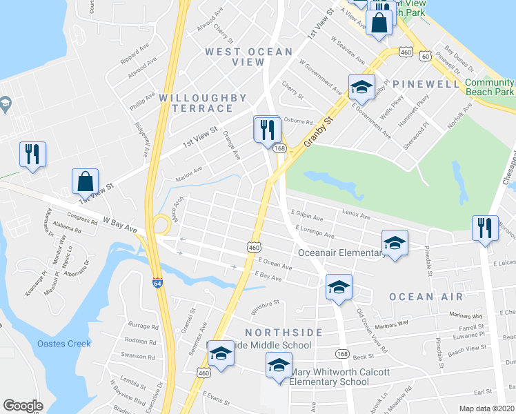 map of restaurants, bars, coffee shops, grocery stores, and more near 111 West Gilpin Avenue in Norfolk