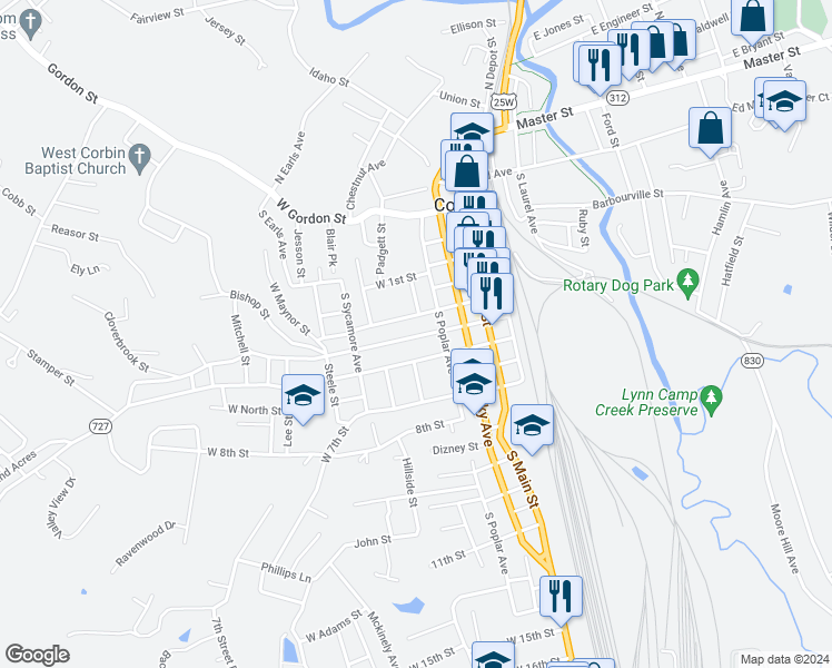 map of restaurants, bars, coffee shops, grocery stores, and more near 405 West 3rd Street in Corbin