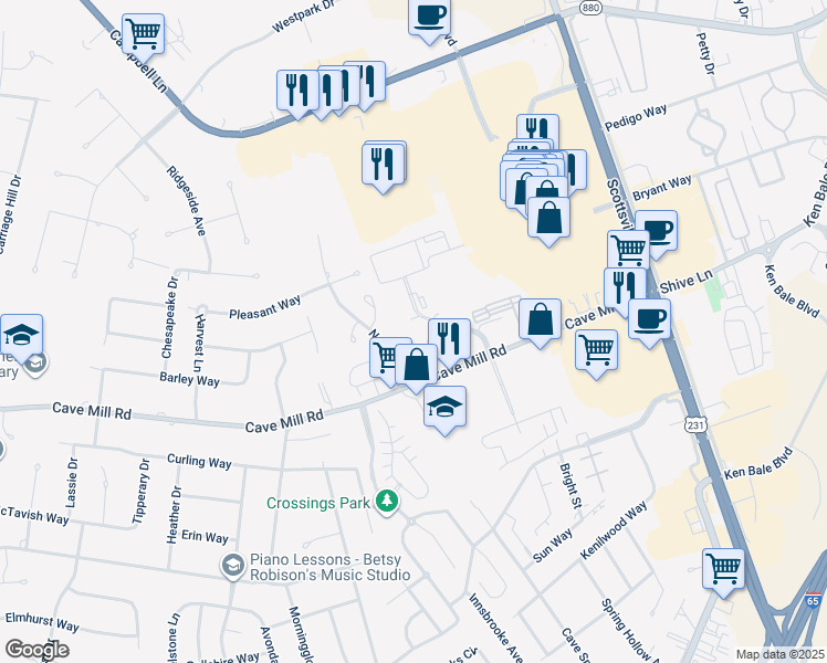 map of restaurants, bars, coffee shops, grocery stores, and more near Chandler Drive in Bowling Green