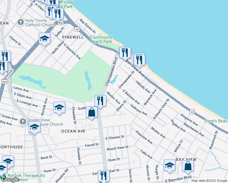 map of restaurants, bars, coffee shops, grocery stores, and more near 938 Hullview Avenue in Norfolk