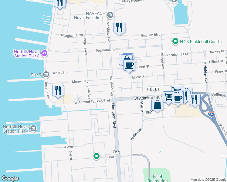 map of restaurants, bars, coffee shops, grocery stores, and more near 1530 Gilbert Street in Norfolk