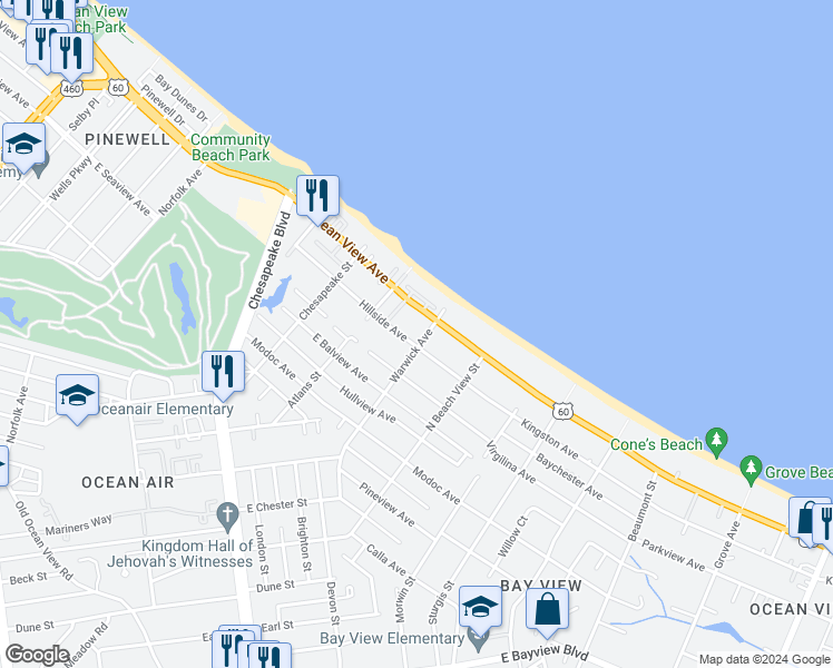 map of restaurants, bars, coffee shops, grocery stores, and more near in Norfolk