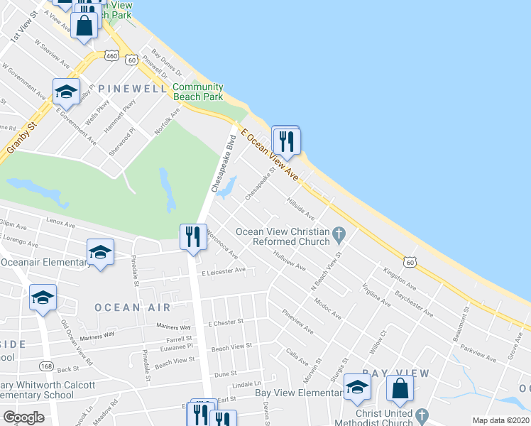 map of restaurants, bars, coffee shops, grocery stores, and more near 1012 East Balview Avenue in Norfolk