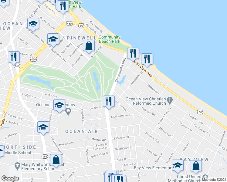 map of restaurants, bars, coffee shops, grocery stores, and more near 9538 Chesapeake Boulevard in Norfolk