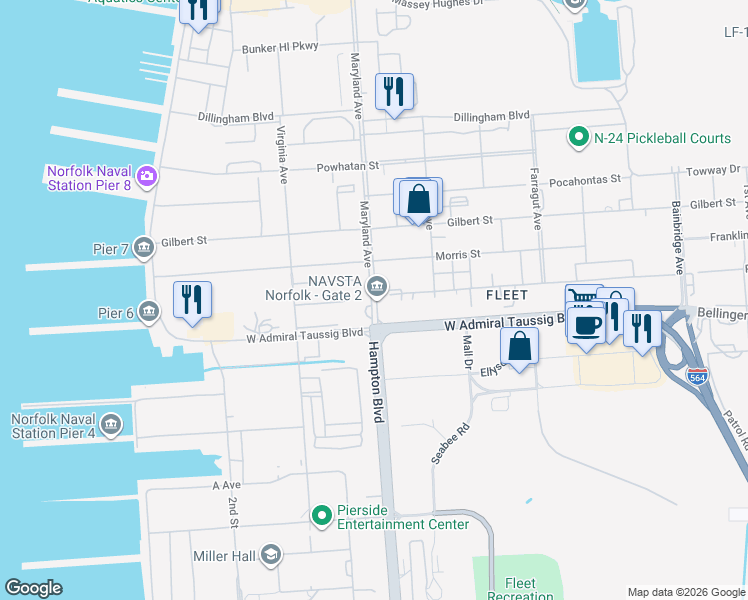 map of restaurants, bars, coffee shops, grocery stores, and more near in Norfolk