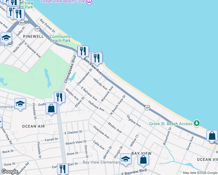 map of restaurants, bars, coffee shops, grocery stores, and more near in Norfolk