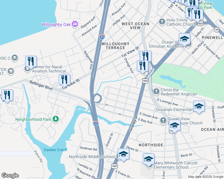 map of restaurants, bars, coffee shops, grocery stores, and more near 174 West Lorengo Avenue in Norfolk