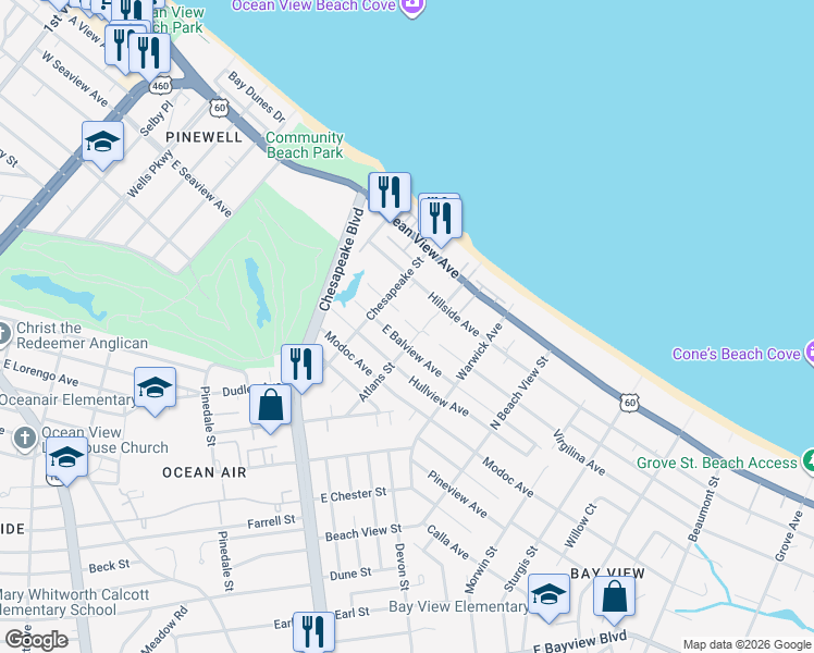 map of restaurants, bars, coffee shops, grocery stores, and more near 9529 Atlans Street in Norfolk