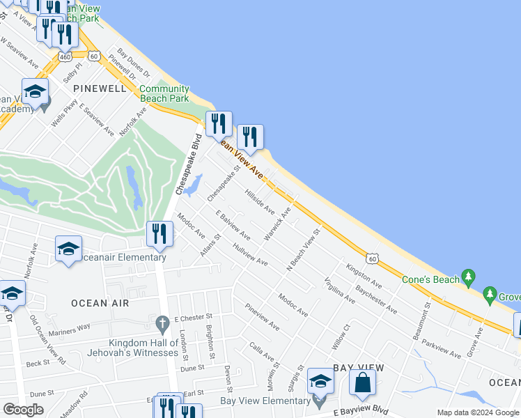 map of restaurants, bars, coffee shops, grocery stores, and more near 1117 Hillside Avenue in Norfolk