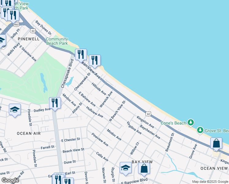 map of restaurants, bars, coffee shops, grocery stores, and more near 1205 East Ocean View Avenue in Norfolk