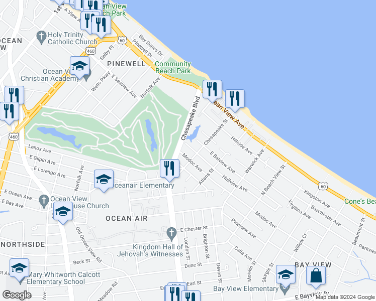 map of restaurants, bars, coffee shops, grocery stores, and more near 938 Hullview Avenue in Norfolk