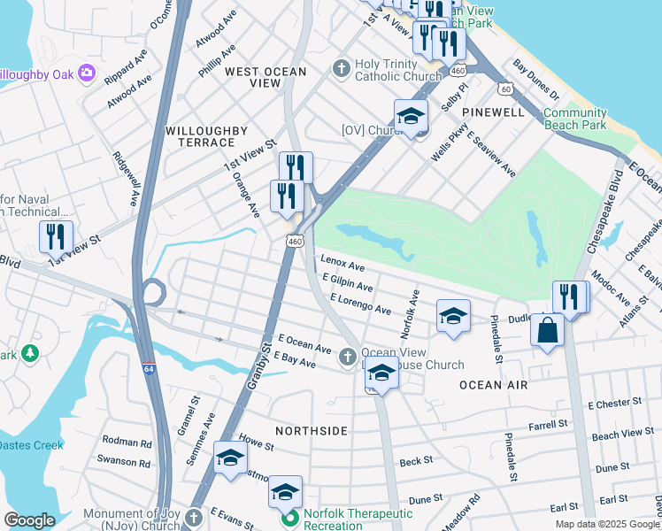 map of restaurants, bars, coffee shops, grocery stores, and more near 151 Lenox Avenue in Norfolk