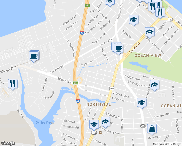 map of restaurants, bars, coffee shops, grocery stores, and more near 174 West Lorengo Avenue in Norfolk