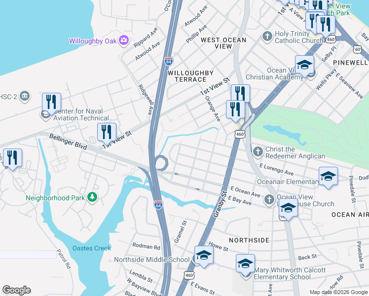 map of restaurants, bars, coffee shops, grocery stores, and more near 9112 Mace Arch in Norfolk