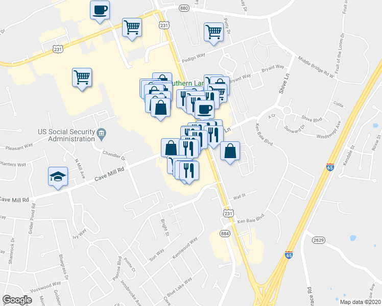 map of restaurants, bars, coffee shops, grocery stores, and more near 1971 Cave Mill Road in Bowling Green