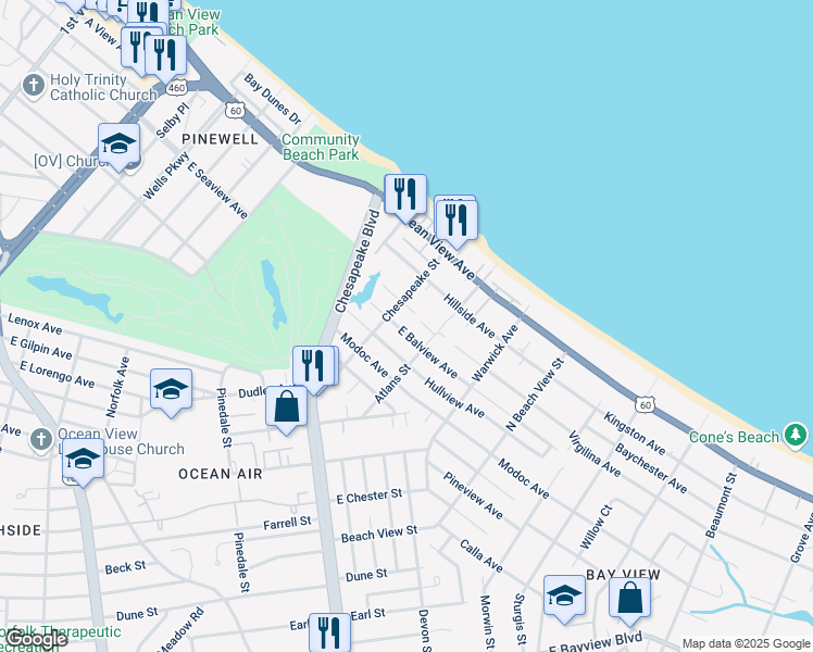 map of restaurants, bars, coffee shops, grocery stores, and more near 1016 East Balview Avenue in Norfolk