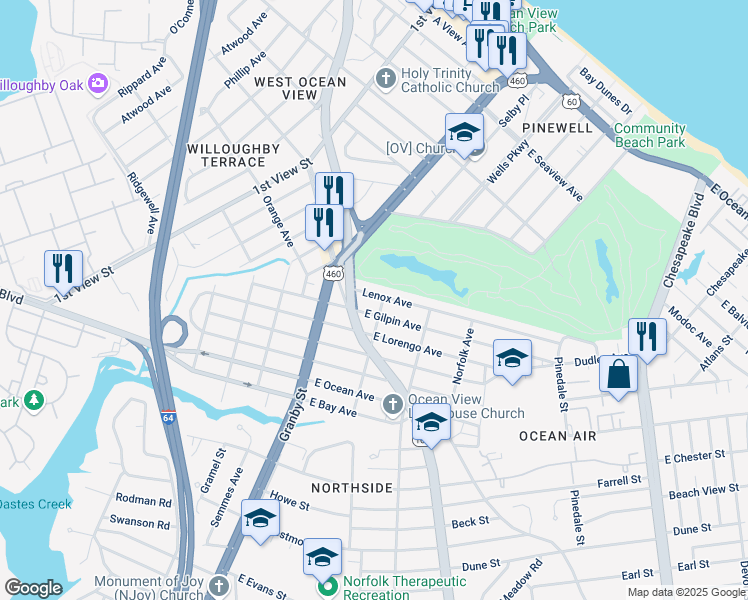 map of restaurants, bars, coffee shops, grocery stores, and more near 151 Lenox Avenue in Norfolk