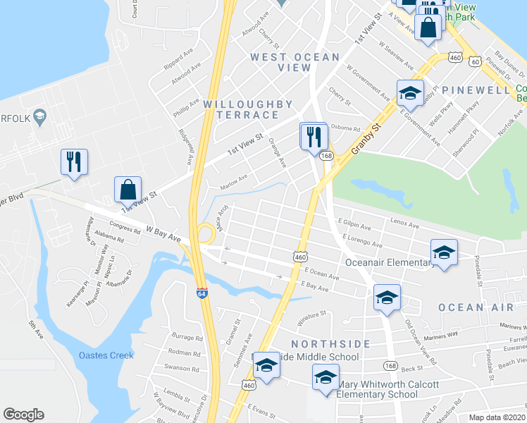 map of restaurants, bars, coffee shops, grocery stores, and more near 156 West Lorengo Avenue in Norfolk
