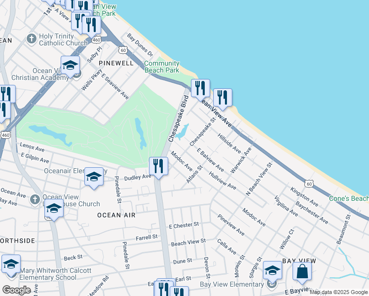 map of restaurants, bars, coffee shops, grocery stores, and more near 938 Hullview Avenue in Norfolk