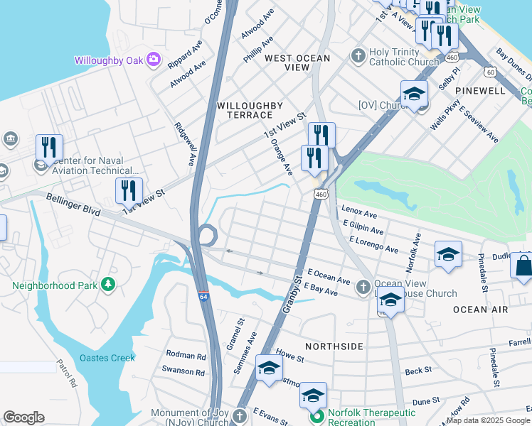 map of restaurants, bars, coffee shops, grocery stores, and more near 156 West Lorengo Avenue in Norfolk