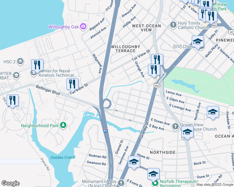 map of restaurants, bars, coffee shops, grocery stores, and more near 9112 Mace Arch in Norfolk