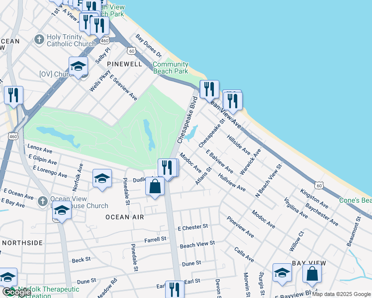 map of restaurants, bars, coffee shops, grocery stores, and more near 938 Hullview Avenue in Norfolk