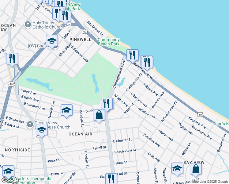 map of restaurants, bars, coffee shops, grocery stores, and more near 918 Modoc Avenue in Norfolk