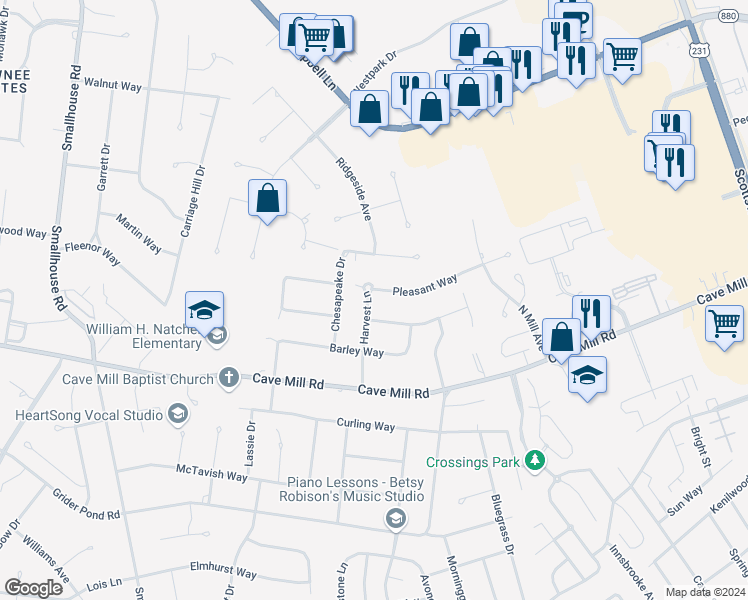 map of restaurants, bars, coffee shops, grocery stores, and more near 1611 Pleasant Way in Bowling Green