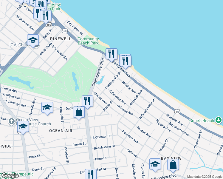 map of restaurants, bars, coffee shops, grocery stores, and more near 1012 East Balview Avenue in Norfolk