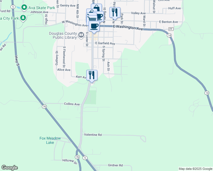 map of restaurants, bars, coffee shops, grocery stores, and more near 9639 Ash Street in Ava