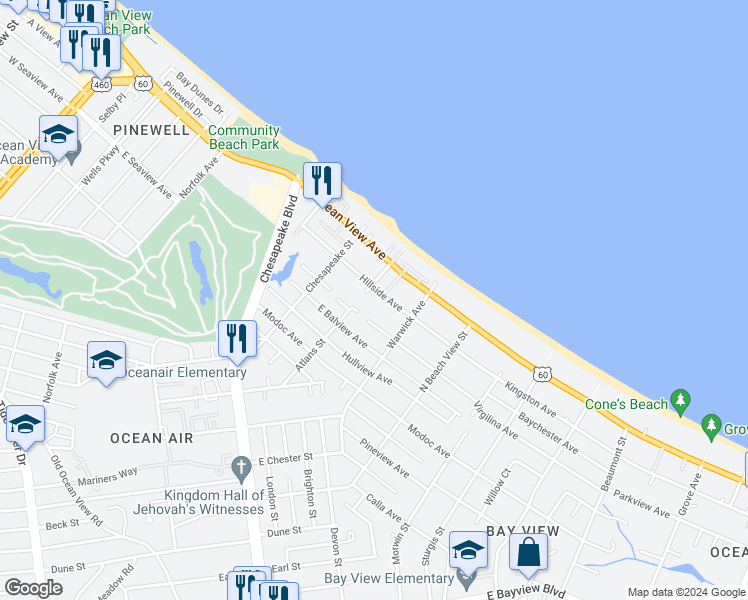 map of restaurants, bars, coffee shops, grocery stores, and more near 9603 Atlans Street in Norfolk