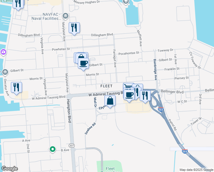 map of restaurants, bars, coffee shops, grocery stores, and more near in Norfolk